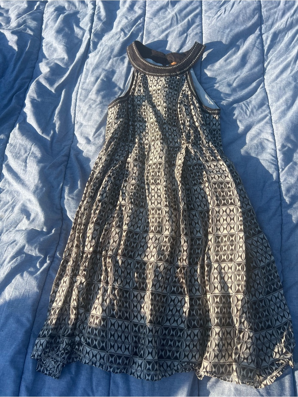 Ali Ra Black/Cream Geometric Silk/Cotton Blend Halter Dress Size 8